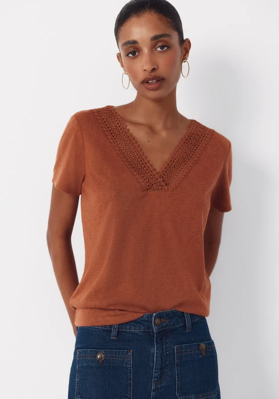 V Neck T Shirt With Trim - Medium Brown Medium Brown / S