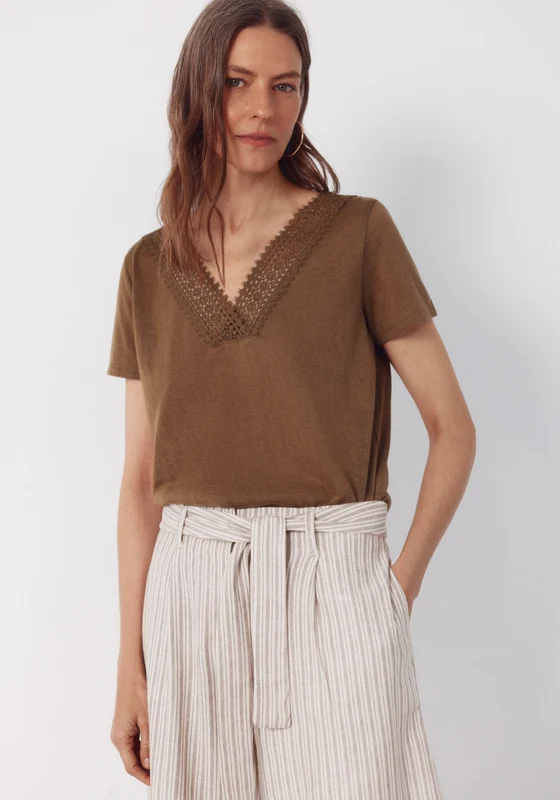 V Neck T Shirt With Trim - Light Khaki Light Khaki / XL