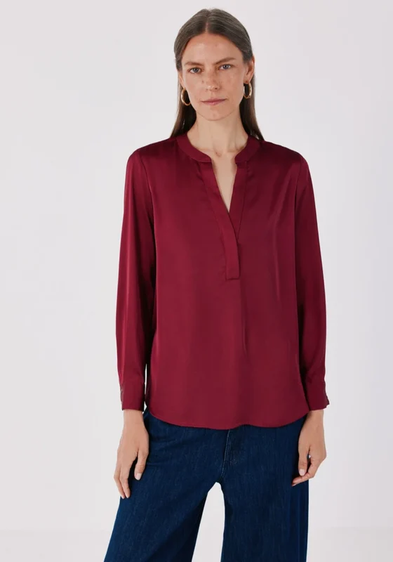 Satin-Finish Polo Shirt Blouse - Burgundy Burgundy / M