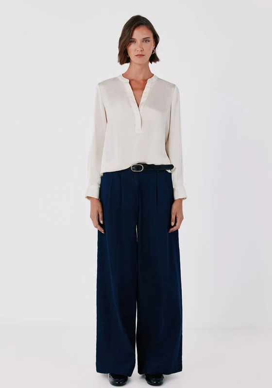 Satin-Finish Polo Shirt Blouse - Ivory Ivory / L