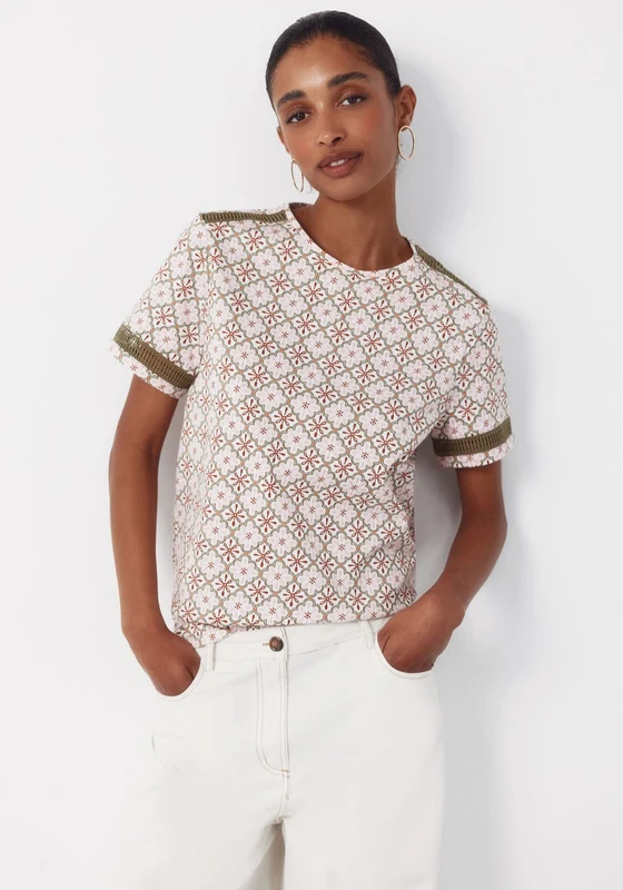 Hemstitch Detail Cotton T-Shirt - Multicoloured Multicoloured / 2XL