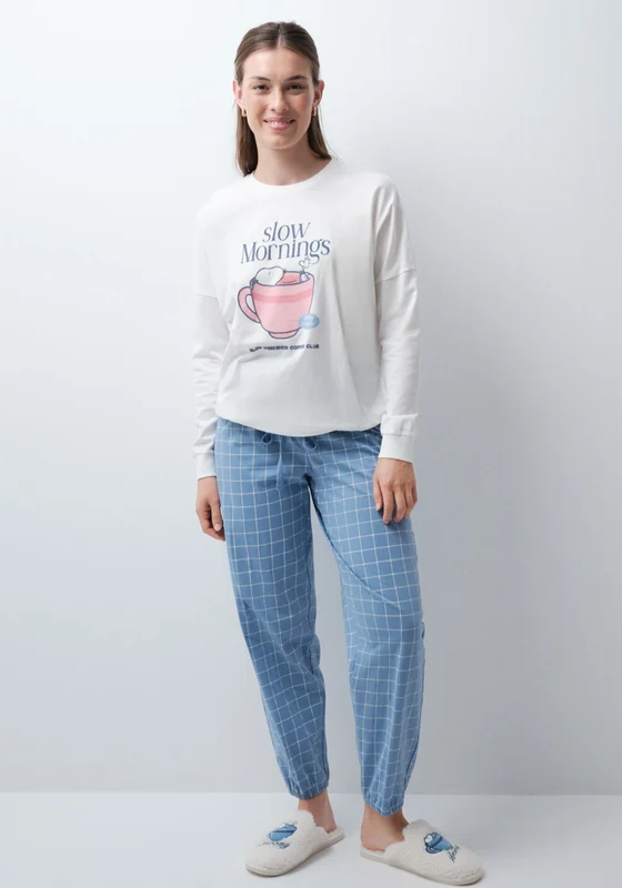 Snoopy Plaid Cotton Long Pyjama Set - White Ivory / M