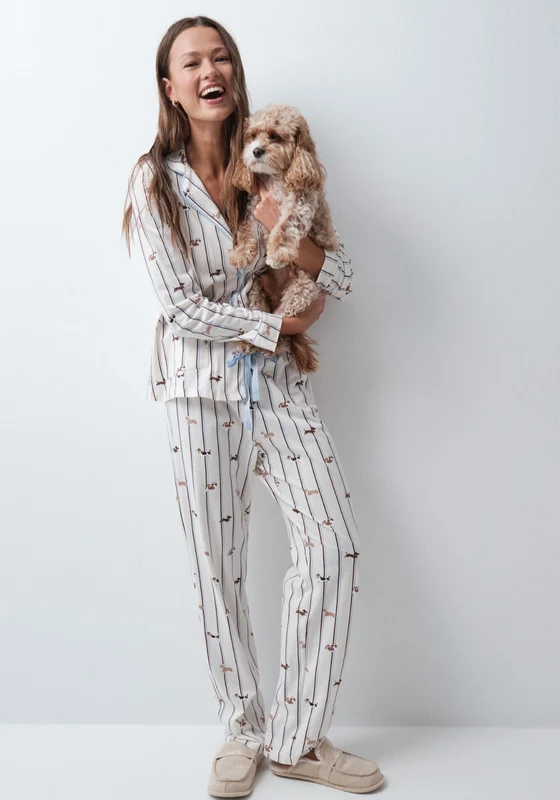Striped Dog Print Classic Pyjamas - White White Print / XL