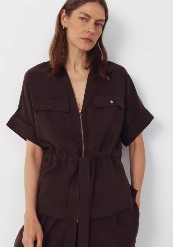 Cuffed Short Sleeve Belted Shirt - Light Brown Light Brown / M