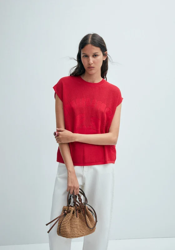 100% Cotton Short Sleeve Openwork Detail Top - Red Red / L