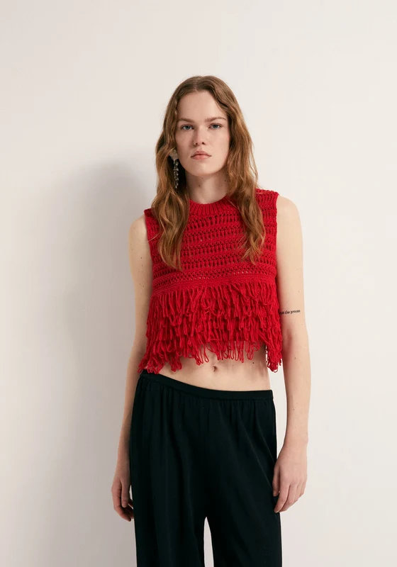 Fringe Hem Top - Red Red / M
