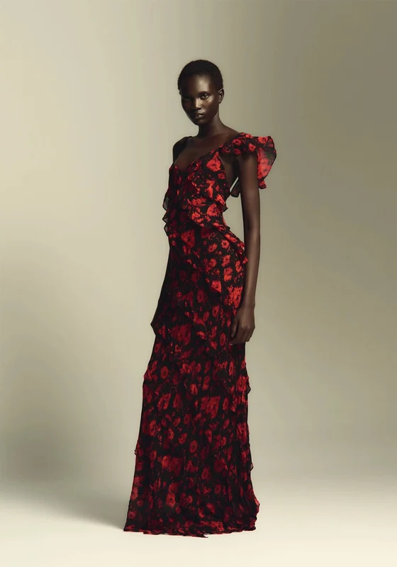 Printed Ruffle Dress - Red Red / L