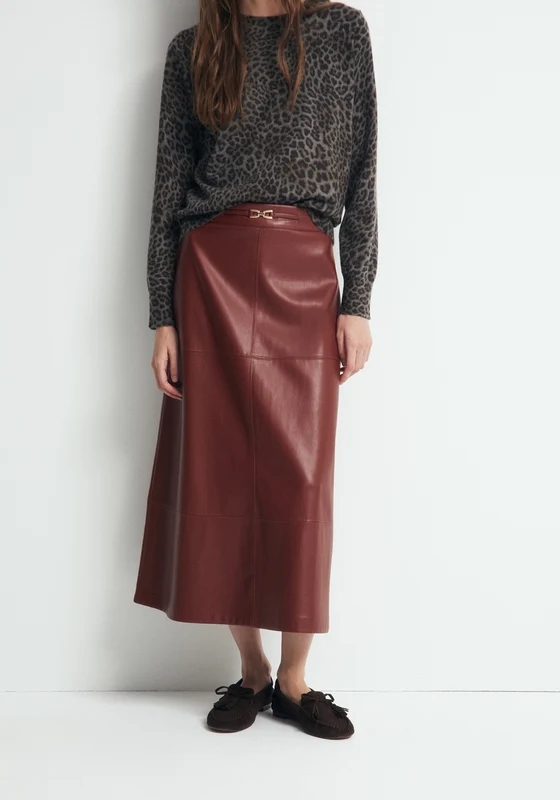 Faux Leather Belted Skirt - Red Red / L