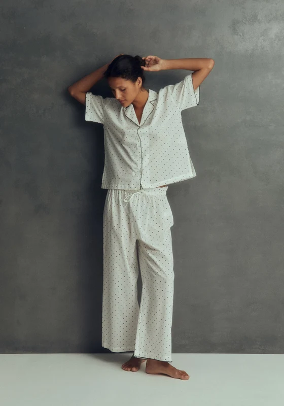Polka Dot Button Up Pyjama Set - White Ivory / XL