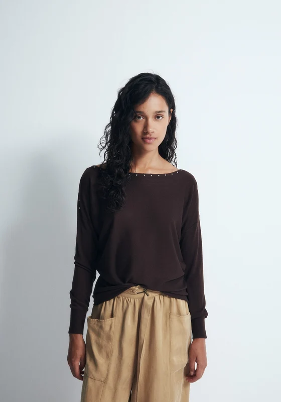 Mini Stud Asymmetric Neckline Sweater - Brown Brown / M