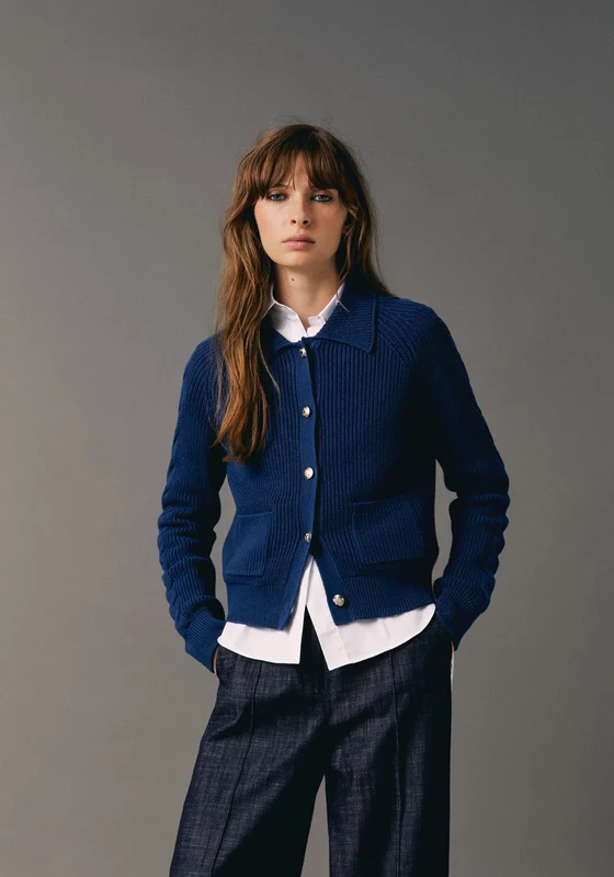 Rib Knit Cardigan - Blue Indigo Blue Indigo / L