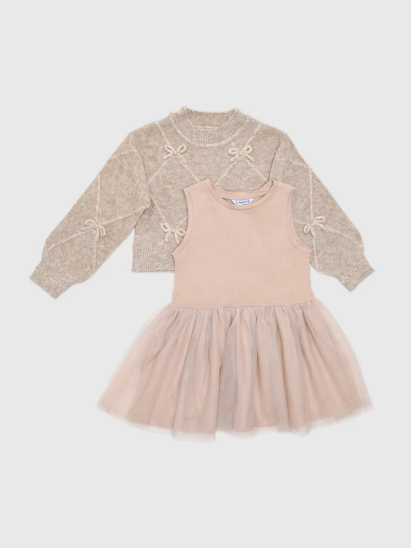 Mayoral Girls' Bow Knit Dress 5 / BEIGE VIGO