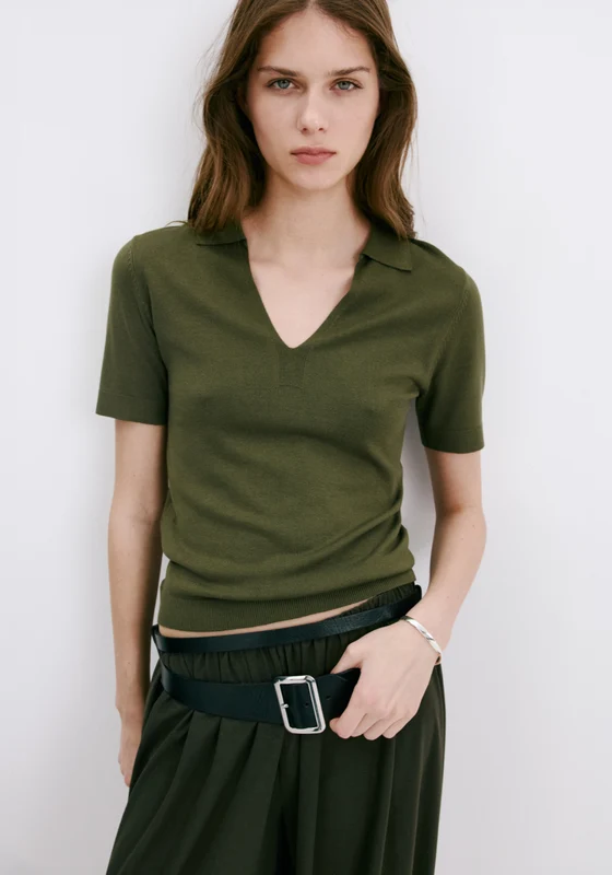 Fine-Knit Polo Shirt - Green Khaki / S