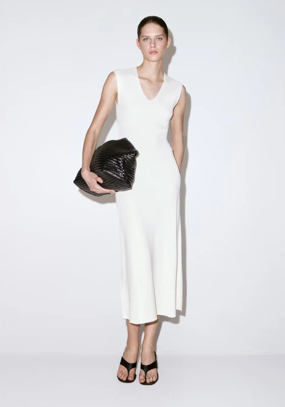 V-Neck Knitted Dress - White White / L