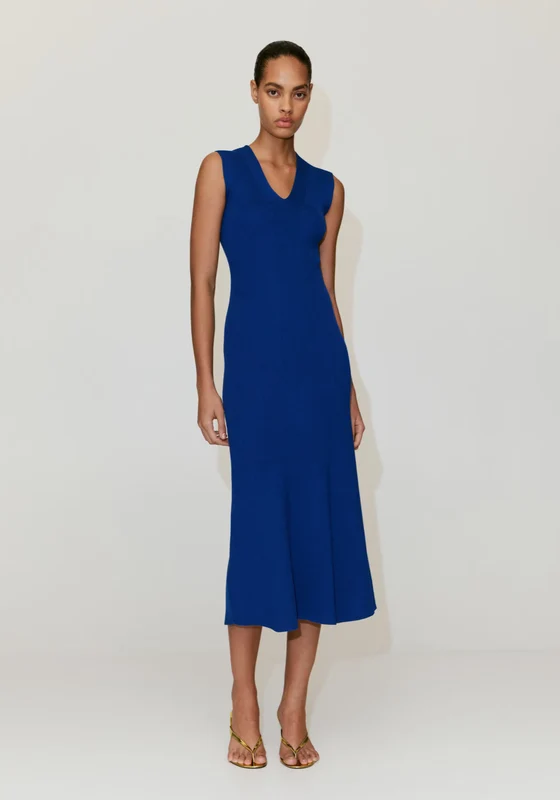 V-Neck Knitted Dress - Blue Blue / L