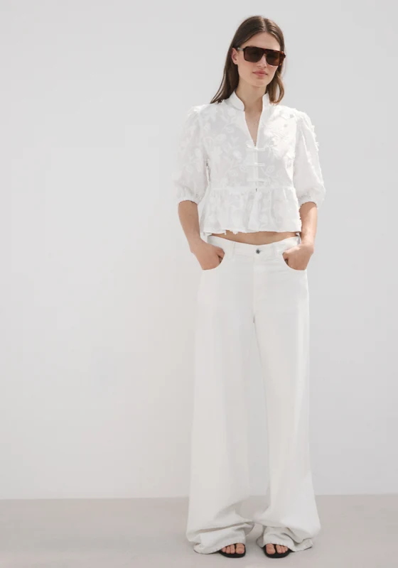 Embroidered Puff Sleeve Blouse - White White / M