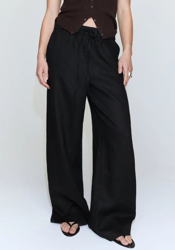 Linen Trousers With Buttons - Black Black / M