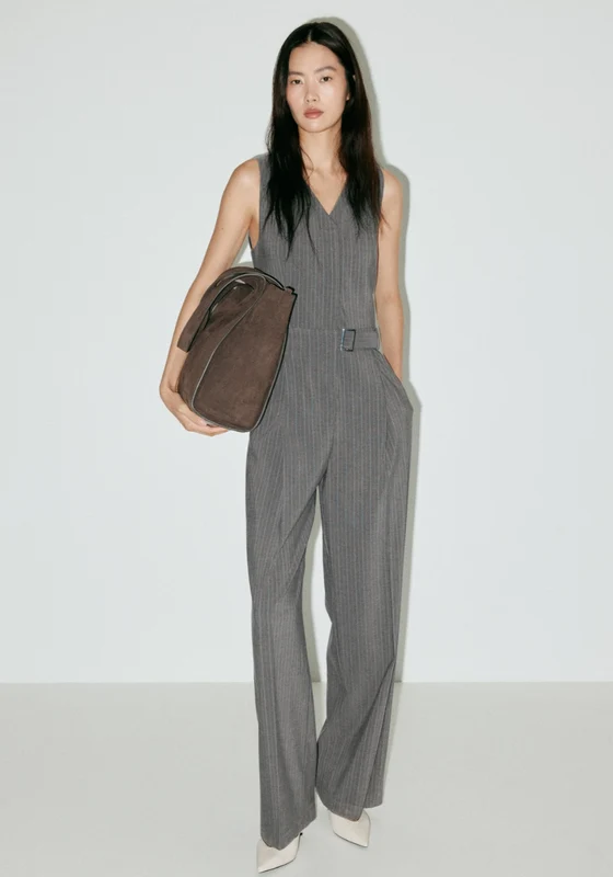 Pinstriped Belted Jumpsuit - Grey Grey / XS