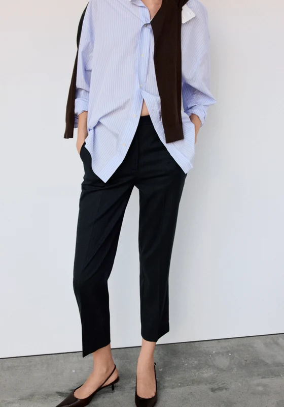 Chalk Stripe Straight Trousers - Blue Navy / 44
