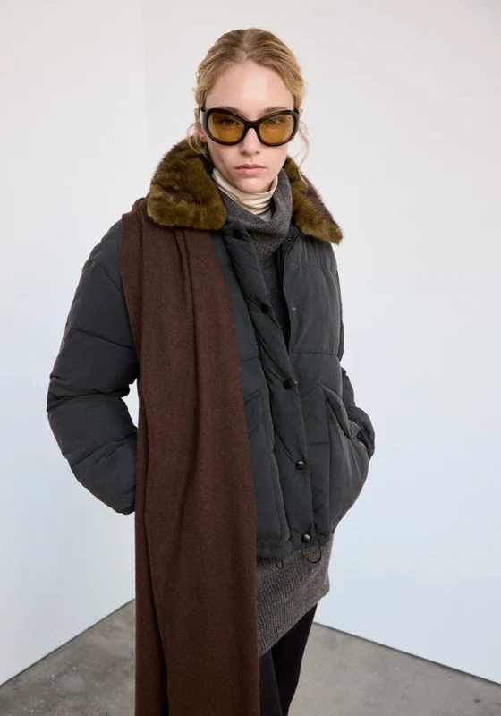 Fur Collar Puffer Jacket - Grey Charcoal / L