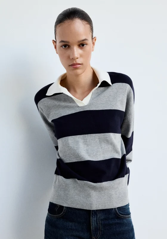 Striped Sporty Polo Neck Sweater - Grey Grey / M