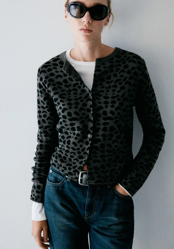 100% Cotton Button Front Animal Print Cardigan - Grey Charcoal / L