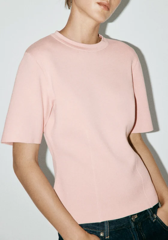 Short Sleeved Fine Knit Sweater - Pink Pink / M