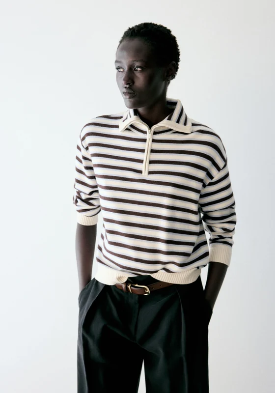 Zip Neck Knit Sweater - Cream/brown Cream/brown / M