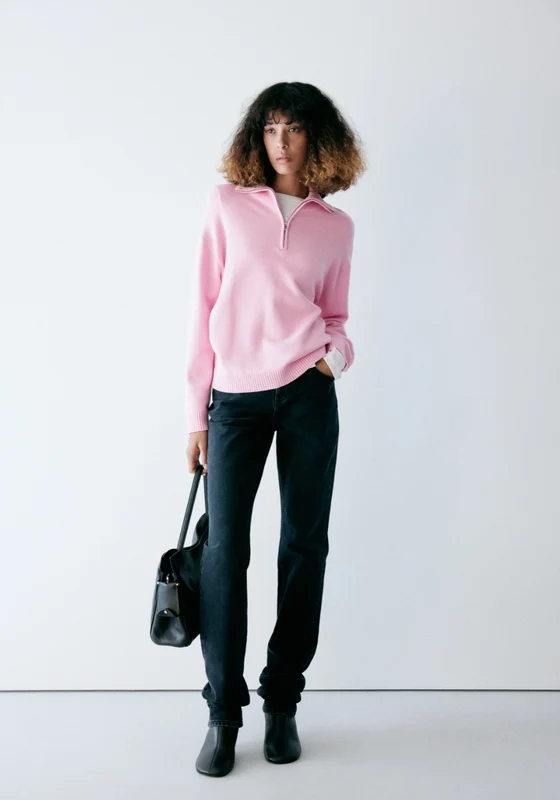 Zip Neck Knit Sweater - Pink Pink / L