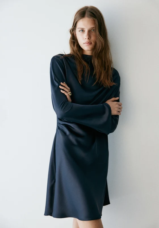 Satin Mini Dress With Flared Sleeves - Blue Navy / XL