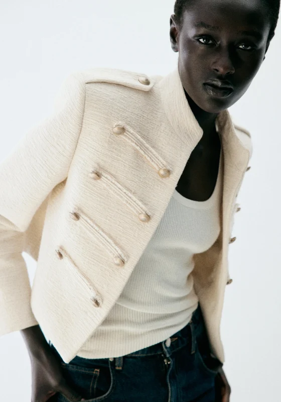 Tweed Jacket With Decorative Toggles - Cream Cream / XS