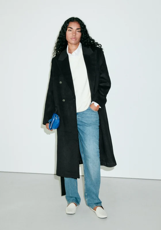 Coat With Peak Lapel and Belt - Black Black / L