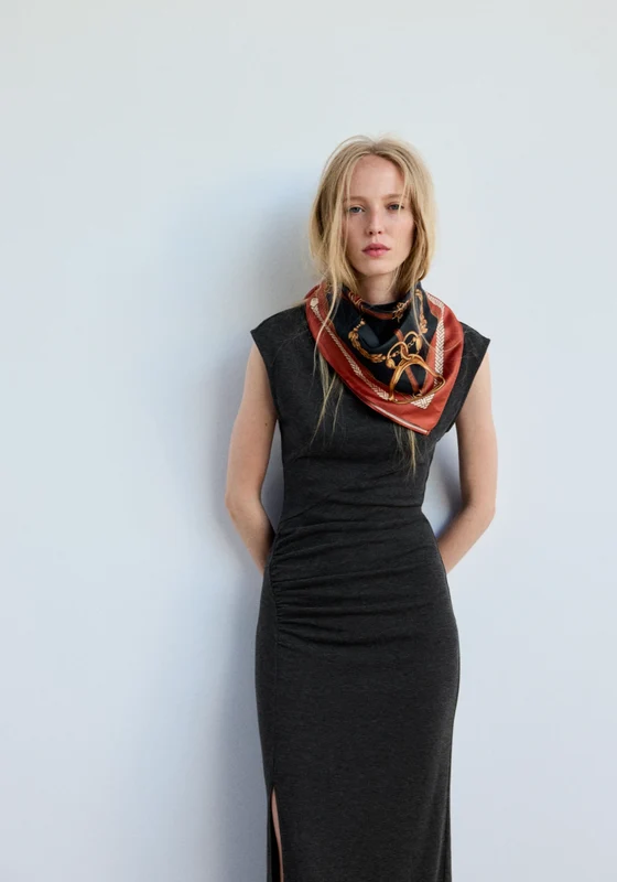 Side Ruched Knit Dress - Grey Charcoal / S