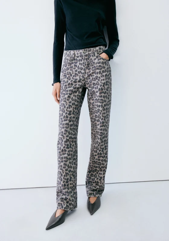 Leopard Print Straight Jeans - Denim Grey Open Gray / 42