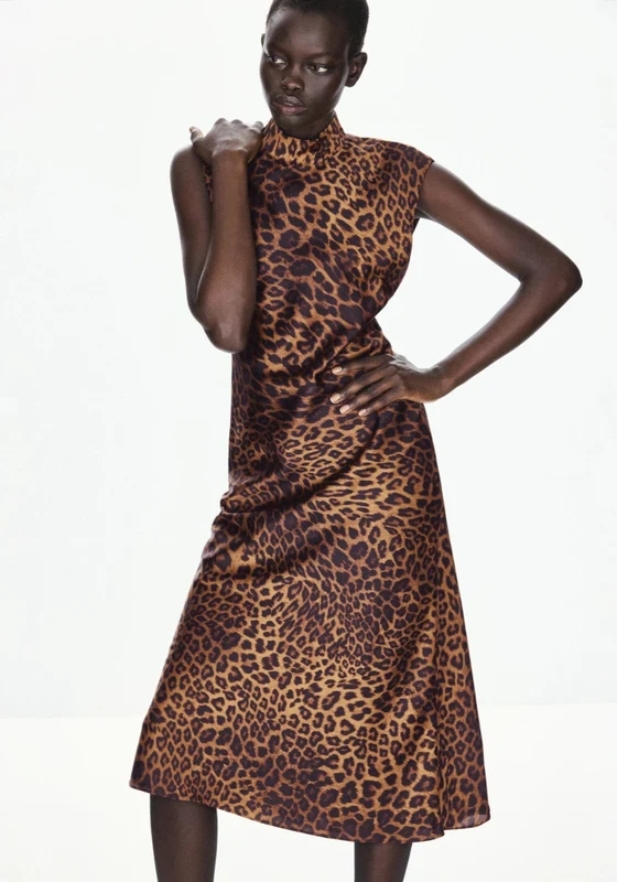 Leopard Dress With Perkins Collar - Brown Brown / M