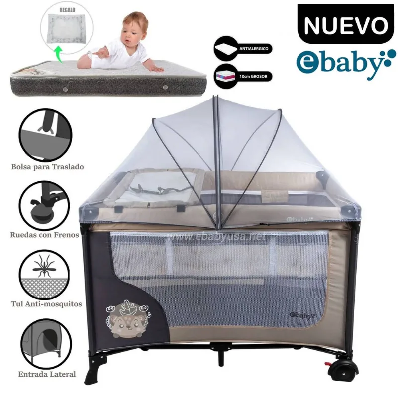 Cuna Corral Ebaby Con Cambiador Happy Dream Beige y Colchón