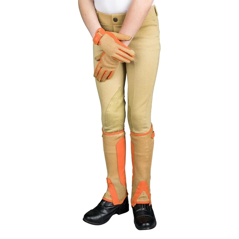 TuffRider Kids Double Up Air Mesh Half Chap and Glove Set Tan/Burnt Orange / Small