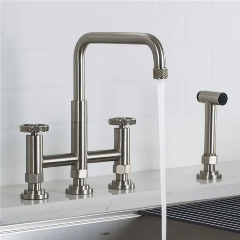 Kraus Urbix Industrial Stainless Steel 2-handle Deck Mount Bridge Kitchen Faucet