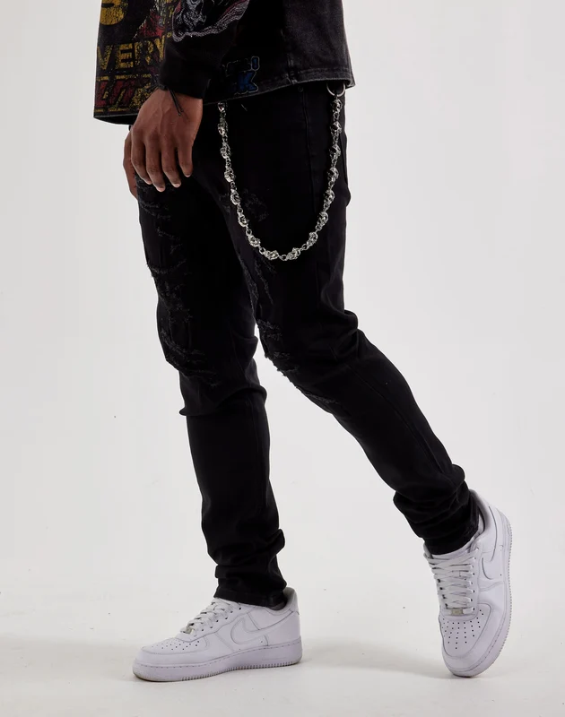 WAIMEA Slim Distressed Skull Chain Denim Jeans 38
