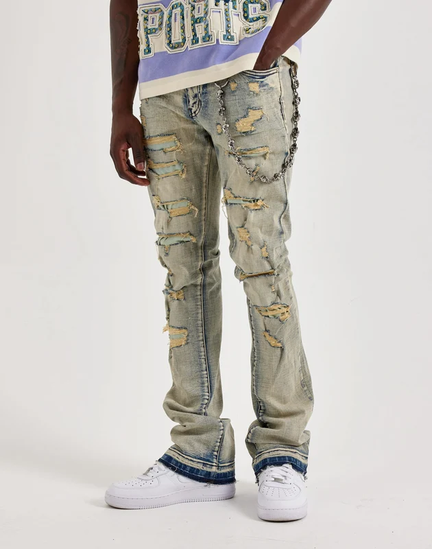 WAIMEA Stacked Distressed Skull Chain Denim Jeans 30
