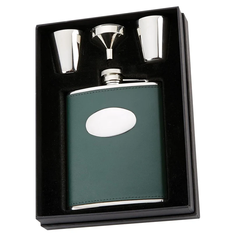David Nickerson 6oz Hip Flask & Cups Gift Box Green Leather