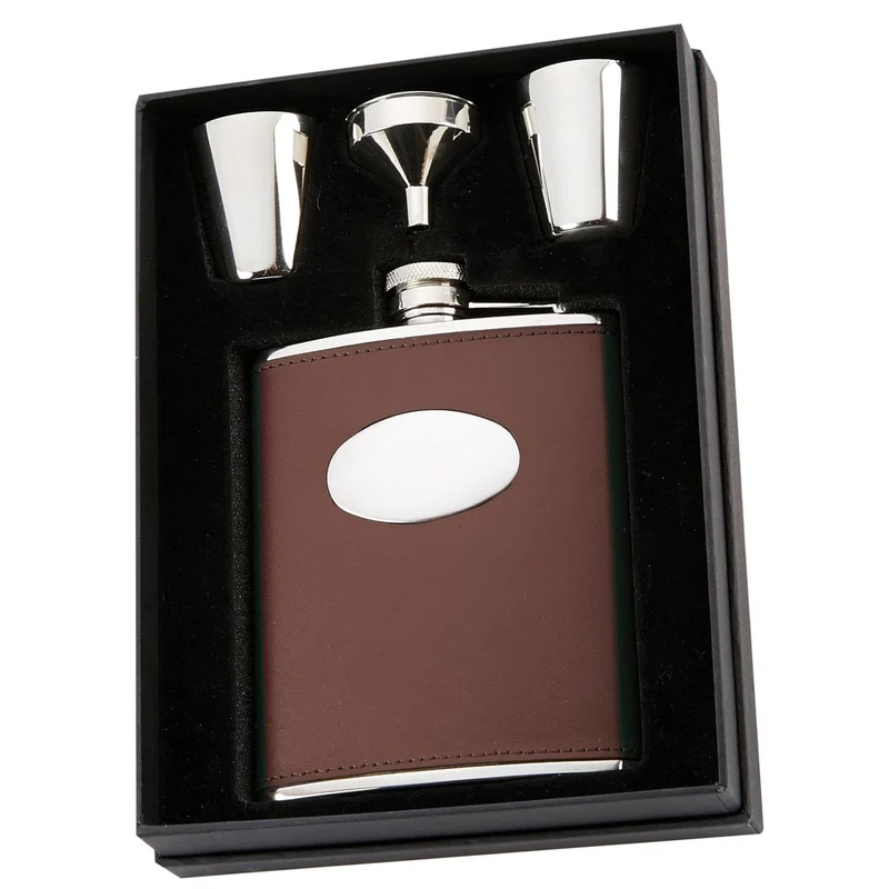 David Nickerson 6oz Hip Flask & Cups Gift Box Brown Leather