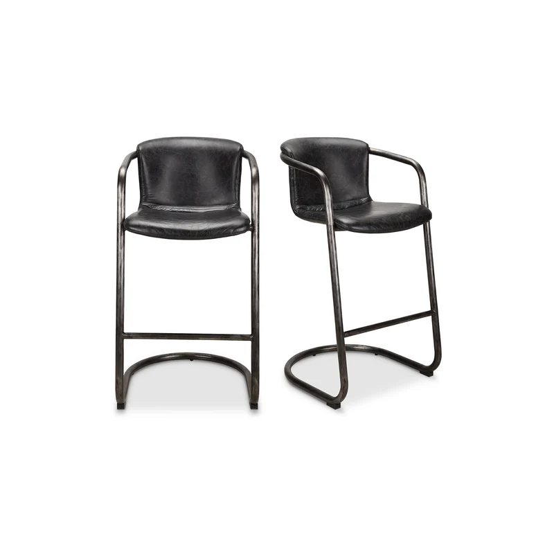 Moe's Home Collection - Freeman Barstool Onyx Black Leather -Set Of Two - PK-1060-02 Black / 28" X 1.5" X 55"