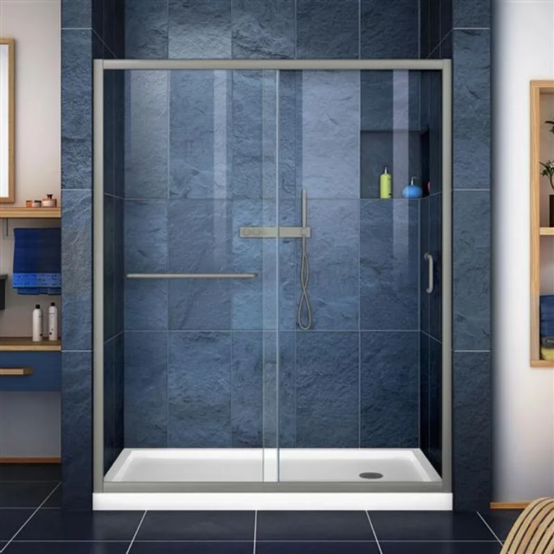 Infinity-Z Shower Kit 34 x 60 x 74 3/4 Clear 6mm Sliding Shower Door in Brushed Nickel and Right Drain White Base