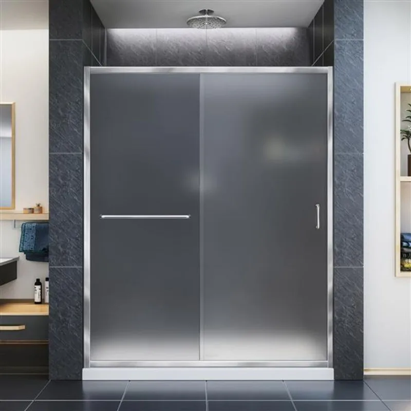 Infinity-Z Shower Kit 30 x 60 x 74 3/4 Frosted 6mm Sliding Shower Door in Chrome and Center Drain White Base
