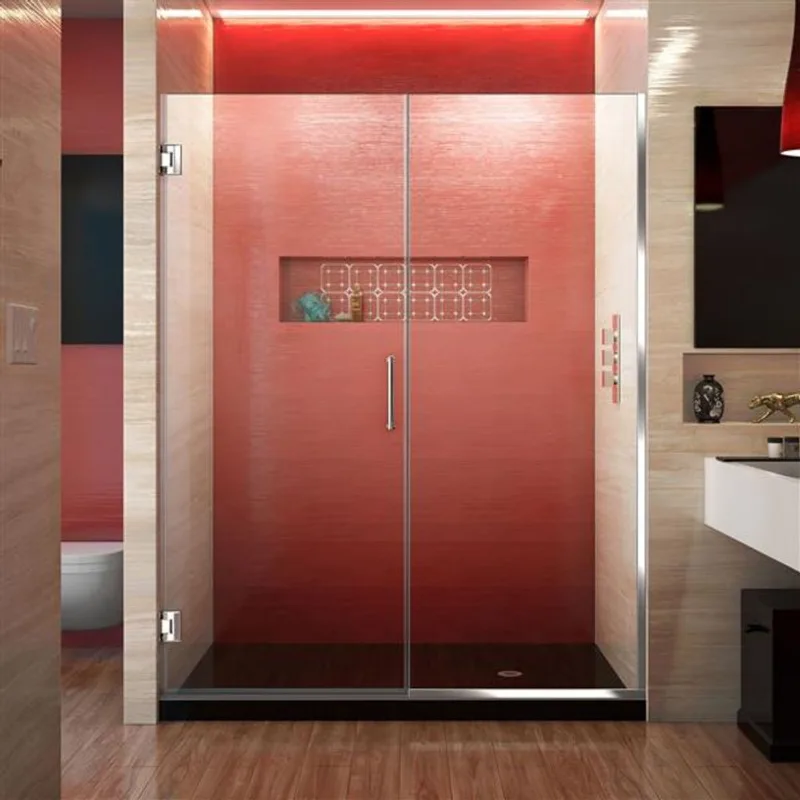 Unidoor Plus 56-56 1/2 x 72 Frameless Hinged Pivot Shower Door in Chrome with 10mm Tempered Glass