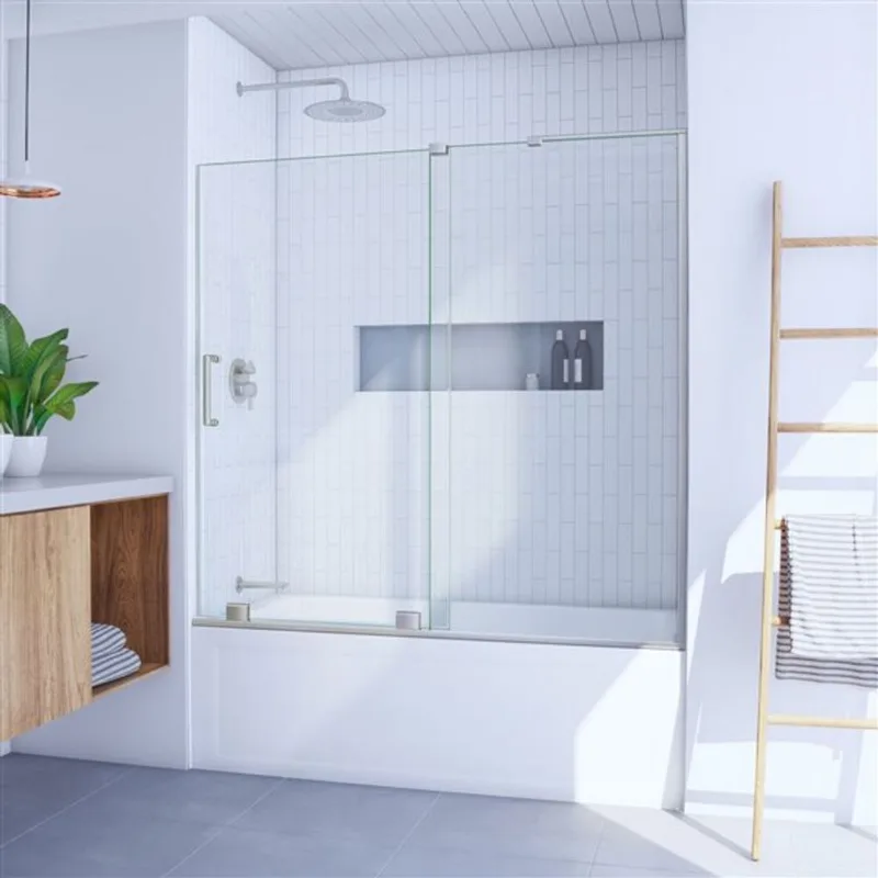 Mirage-X 56-60 x 58 Frameless Sliding 10mm Tub Door in Brushed Nickel; Right Wall Installation