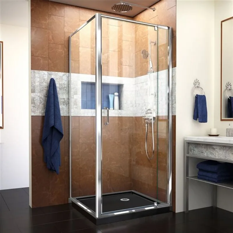 Flex Shower Kit 36 x 36 x 74 3/4 Semi-Frameless Pivot 6mm Shower Enclosure in Chrome with Corner Drain Black Base