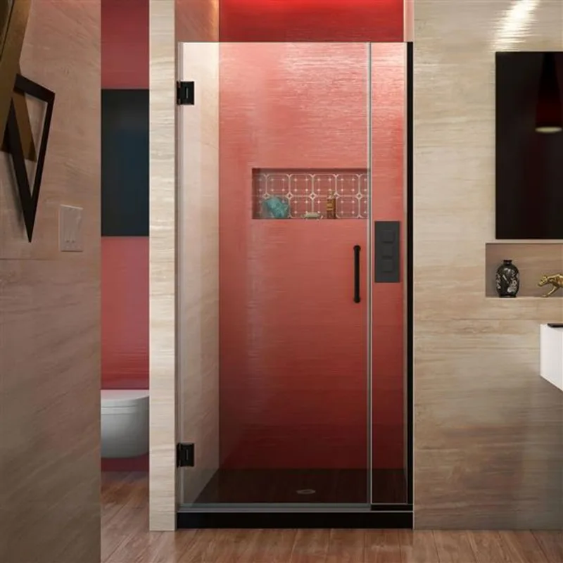 Unidoor Plus 30-30 1/2 x 72 Frameless Hinged Pivot Shower Door in Satin Black with 10mm Tempered Glass