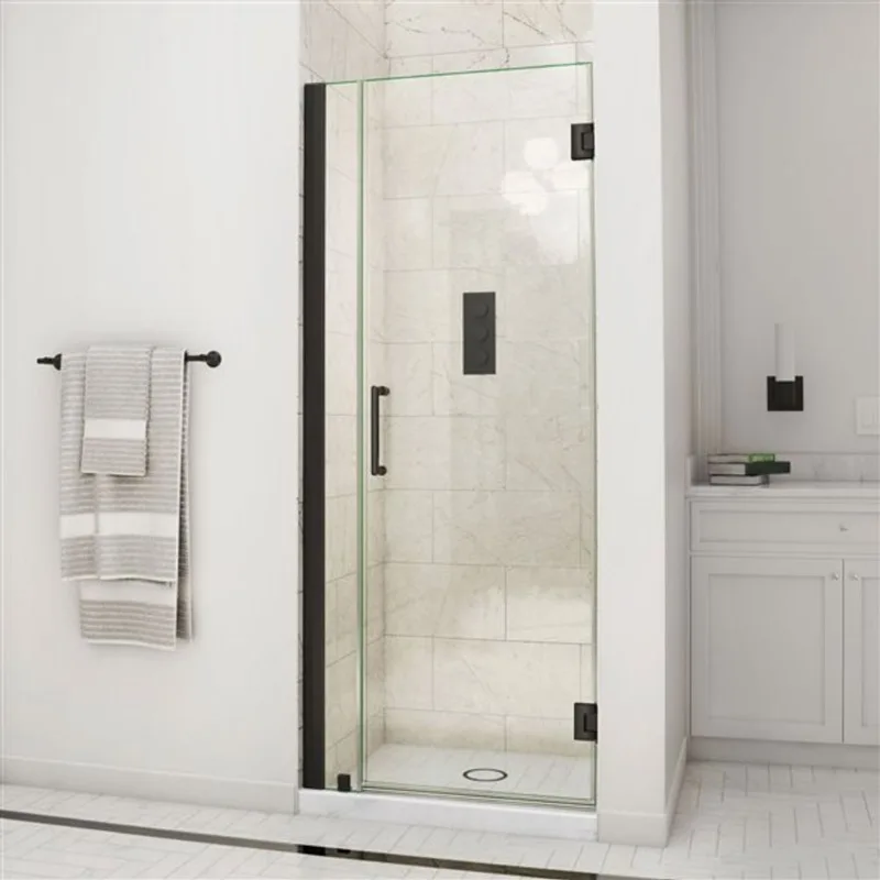 Unidoor 34-35 x 72 Frameless Hinged Pivot Shower Door in Satin Black with 10mm Tempered Glass